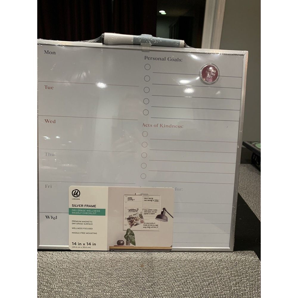 U Brands Silver Frame Dry Erase Wellness Weekly Checklist-NEW *14X14 Inches-NICE
